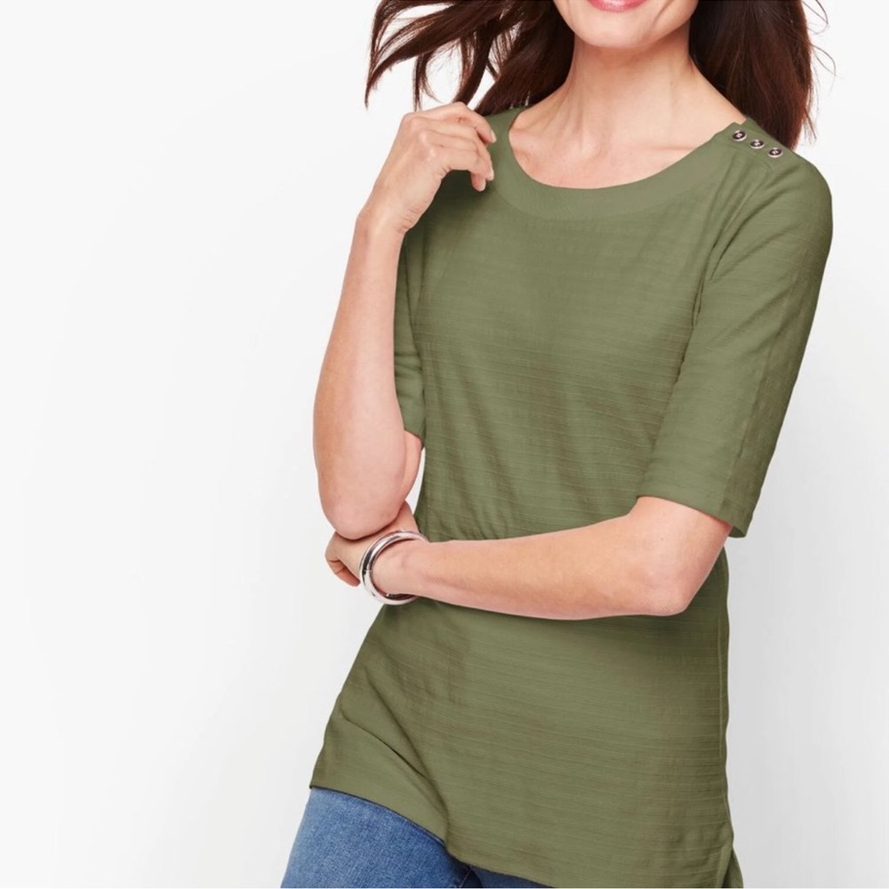 Talbots Button Shoulder Textured Stripe Tee Short Sleeve Olive